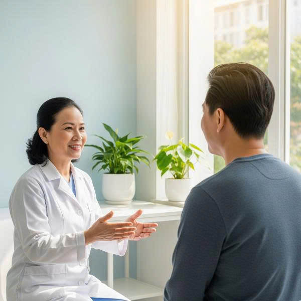 Một người đàn ông đang nhận tư vấn từ bác sĩ chuyên khoa về vấn đề suy giảm Testosterone và sức khỏe sinh lý.